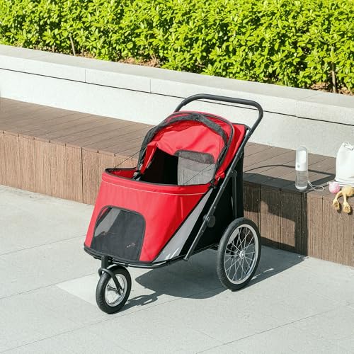 PawHut Hundewagen Hundebuggy mit Netzfenstern, Klappbarer Katzenwagen mit Sicherheitsleine, große Gummiräder für Mittelgroße, Große Hunde bis 30 kg, Oxford, Rot
