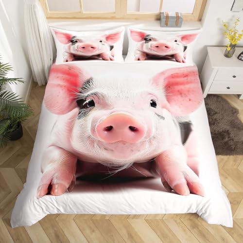 Erosebridal Pig Comforter Cover, Lovely Animal Printed Duvet Cover Set Full Size for Kids Boys Girls Children, Cute Pet Bedding Set White Breathable Bedspread Cover Bedroom Décor, with 2 Pillow Cases