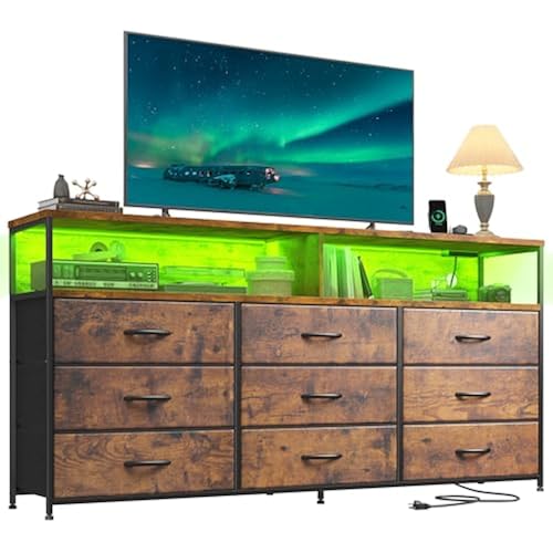 Romorgniz 55" W Dresser for Bedroom with 9 Drawers LED TV Stand with Power Outlets for 45, 55, 65 Inch TV Sturdy Long Chest of Drawers with Extra 2 Wooden Shelves Steel Frame Rustic Brown