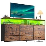 Romorgniz 55' W Dresser for Bedroom with 9 Drawers LED TV Stand with Power Outlets for 45, 55, 65 Inch TV Sturdy Long Chest of Drawers with Extra 2 Wooden Shelves Steel Frame Rustic Brown