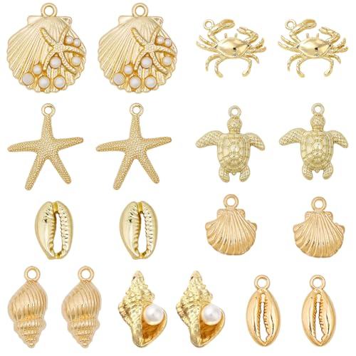 SUNNYCLUE 1 Box 36Pcs 9 Styles Ocean Beach Charms Gold Summer Charm Bulk Metal Alloy Sea Themed Shell Pearl Conch Starfish Tortoise Charm for Jewellery Making Charms Bracelet Necklace Earring Crafts