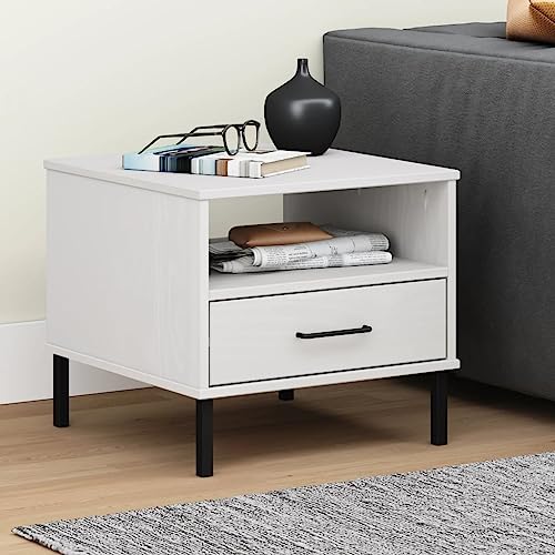 RJPLMFV Comodino con Gambe in Metallo Bianco Legno Massello Pino OSLO Tavolino Salotto Tavolino Multifunzionale Tavolino Da Soggiorno Tavolino Da Ufficio