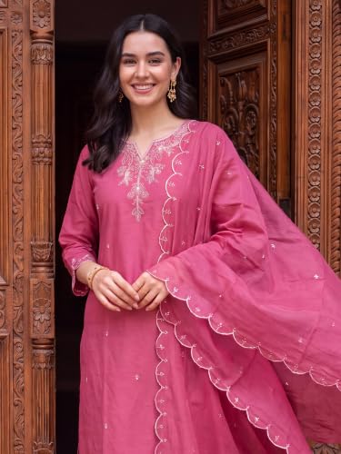 Image of INDO ERA Women's Silk Blend Embroidered Straight Kurta Pant with Dupatta Set