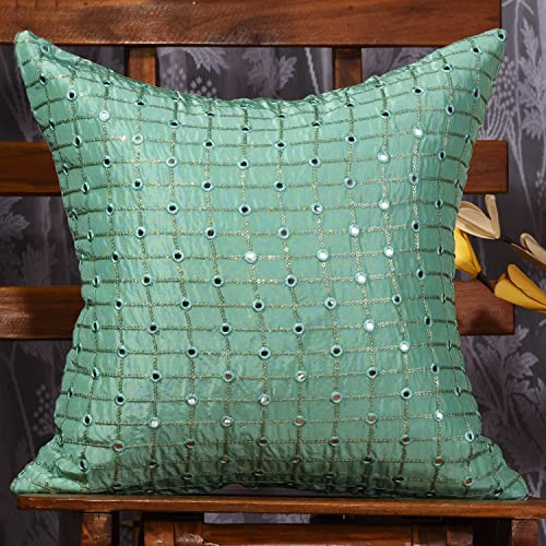 Image of Sea Green Cushion Covers 12x18 Set of 2, Rectangular Fancy Cushion Covers for Sofa, Embroidered Cushion Covers with Mirror Work