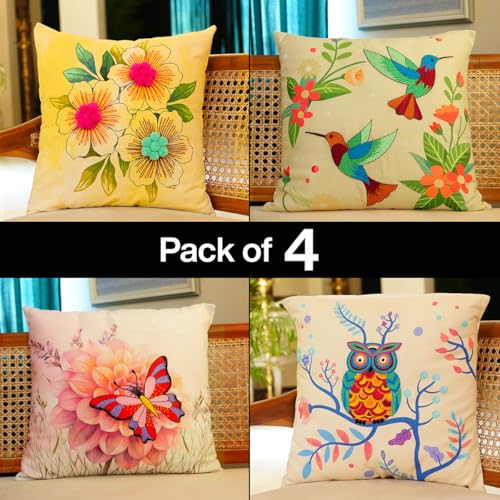Image of picknMAKE Pack of 4 DIY Cushion Cover Hand Embroidery Kit | Colorful Floral, Hummingbird, Butterfly & Owl Designs | 16 inchx16 inch Pillow Covers | Digitally Printed, All Materials Included