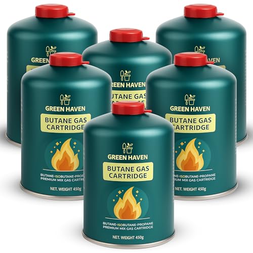 Green Haven C500 Camping Gas Canisters 6 Pack | EN417 Screw-On Gas Cartridges | Resealable Valve | Compatible with Camping Stoves Heaters Lanterns & Outdoor Cooking Equipment