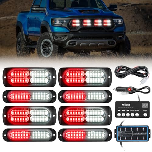 Image of Nilight 8PCS Led Strobe Lights with Controller 12V 24V Sync Red White | Emergency Hazard Warning Light 12 24 LED Surface Mount for Vehicle Car Truck RV ATV