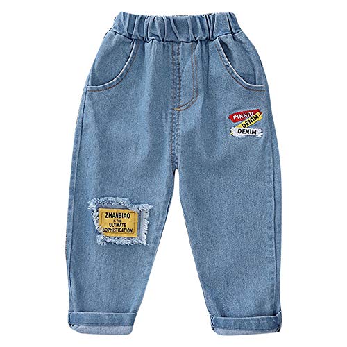 Image of Hopscotch Baby Boys and Baby Girls Cotton and Polyester Applique Solid Text Jeans in Blue Color
