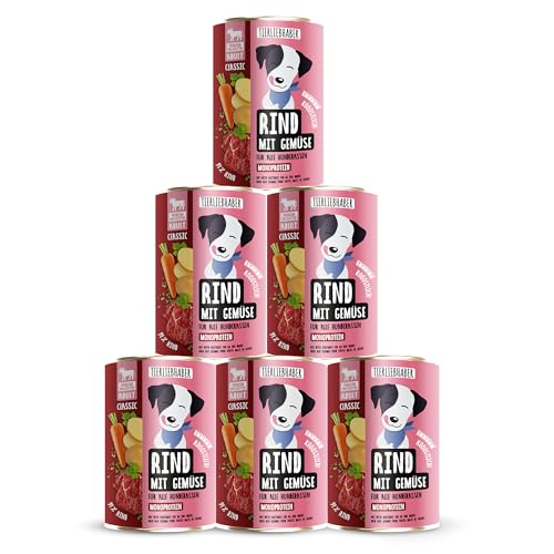 TIERLIEBHABER – Hundefutter Nass 400g 6X Rind mit Gemüse – Von Tierärzten entwickelt – Nassfutter Hund mit 91% Fleischanteil – Dog Food als Hundenassfutter 400g Dosen