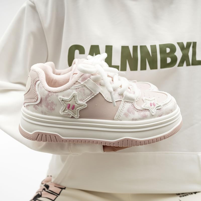 Star Shoes Walking Sneakers for Women Pink Fuzzy Lined Platform Low Top Round Toe Sneakers with Cute Plush Pink Stars US5.5-83