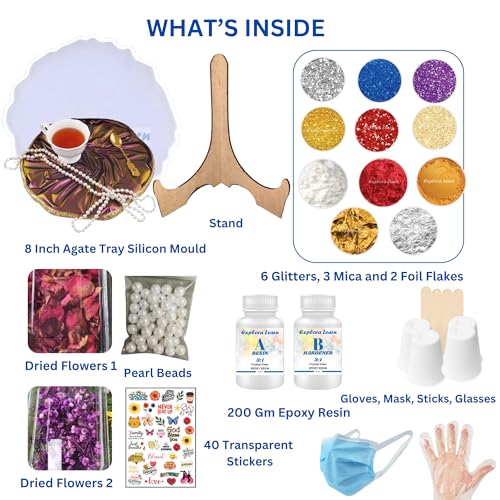 Image of Exploralearn Ultimate Max Resin Art Kit 8 inch Decorative Tray /Thali with 200 gm Epoxy Resin and Silicone Moulds - Comprehensive Resin Art Materials - Mica, Glitters, Flakes and Dried Flowers.