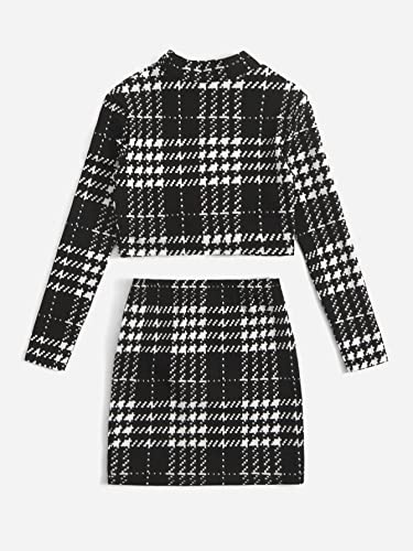 Milumia Girl's Two Piece Outfits Plaid Twist Hem Long Sleeve Tee And Mini Skirt Set Black And White 10 Years #TOP2