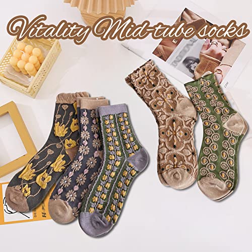 Image of 5 Pack Cute Womens Floral Socks, Vintage Embroidered Frilly Floral Ankle Cotton Cottagecore Socks