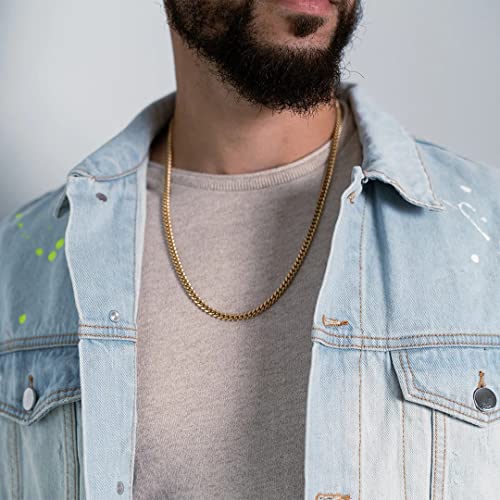 4mm 6mm Miami Cuban Link Chain 14K REAL Gold Plated 316L Stainless Steel Solid Necklace Bracelet for Womens Mens(Double Safety Clasp, Custom Box and Pouch Packing, Christmas Gift)4