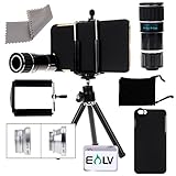 E LV iPhone 6S Plus / iPhone 6 Plus Camera Lens Kit - 12x Telephoto Lens, 3 Quick-Connect Lens Solution (Fisheye Lens, Macro Lens, Wide Angle Lens), 1 Mini Tripod and 1 Microfiber