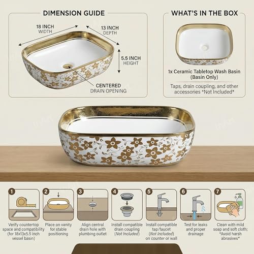 Image of InArt Tabletop Ceramic Wash Basin /Sink in White-Gold Color Bathroom