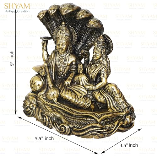 Image of Large Size Brass Lakshmi Vishnu Ji Sitting On Sheshnag Murti 5 inch Maa Laxmi Vishnu Resting On Snake Idol Lakshmi Narayan Statue for Home Office Temple Diwali Puja Gifting