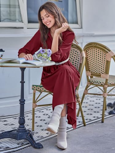 Image of Wenrine Womens Casual 3 /4 Sleeve Shirt Dress Button Down V Neck Tiered Collared Flowy Maxi Dress