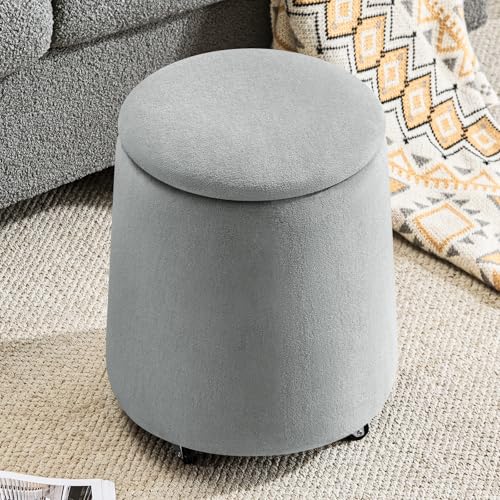 Hellove Tabouret Repose Pied Pouf avec Rangement Pouf Salon en Tissu à roulettes Boucle Terry, Ottomans Ronds Ø37 x 45cm pour Coiffeuse, Salon, Chambre,...