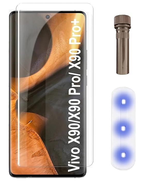 Image of UV Premium HD+ Tempered Glass For Vivo X90 / X90 Pro (6.78 Inch, Pack of 1) Full Adhesive Curved Glass 100% Fingerprint Working with installation kit