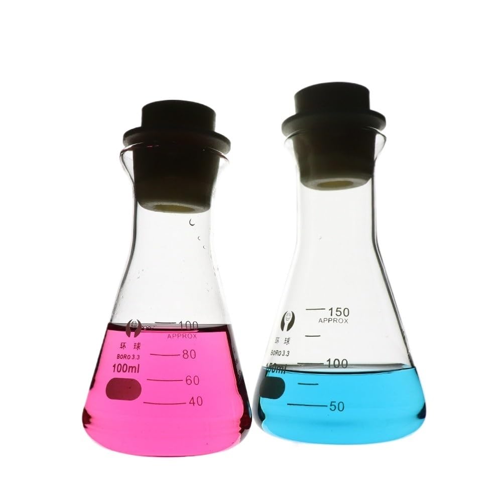 2er Set Erlenmeyerkolben aus Dickem Glas mit Silikonstopfen Graduierte Konische Weithals-Kolben Labor Glasware 50–5000ml(Wide mouth 1000ml)