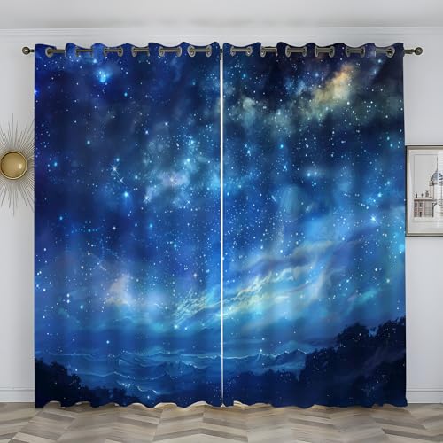 Cortinas Dormitorio Azul marino, Cortinas Salon 2 Piezas Termicas Aislantes Cortinas Opacas con Ojales para Comedor y Juvenil Cortina 2x140x260 cm (An x Al),para Astronomía y cielo estrellado5y20