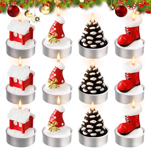 BORDEAG Teelichter Weihnachten, 12 Stück Weihnachten Teelicht Kerzen,...
