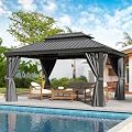 DWVO 12x16ft Hardtop Gazebo Double Roof with Nettings and Curtains, Heavy Duty Galvanized Steel Outdoor Vertical Stripes Roof for Patio, Backyard, Deck, Lawns, Gray