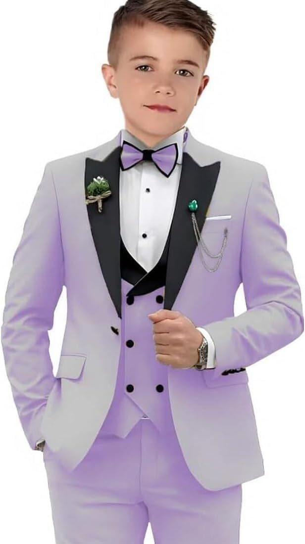 Mi Bo Tong Formal Suit for Boy Wedding Tuxedo 3 Piece Peak Lapel Blazer Vest Pants Sets Elegant Boy Outfit