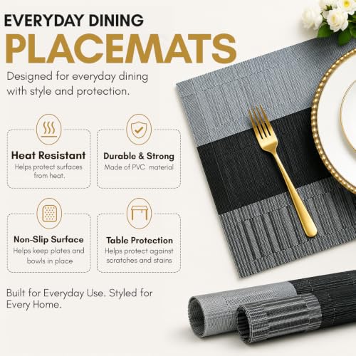 Image of Solitude Set of 6 Dining Table Placemats | Non-Slip PVC Table Mats, Heat Resistant, Washable, Stain-Resistant Surface, (Silver & Black, 45 x 30 cm)