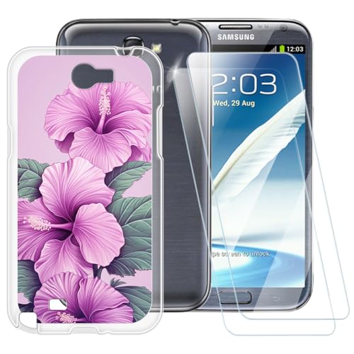 Funda con patrón de flores rosas compatible con Samsung Galaxy Note 2 N7100 + [2 unidades] Protector de pantalla de vidrio templado a prueba de golpes para Samsung Galaxy Note 2 N7100 (5.5 pulgadas)