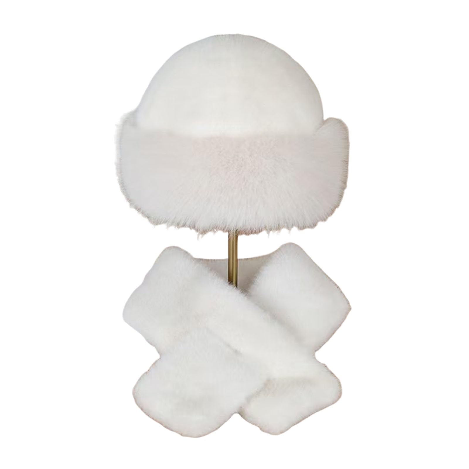 Taeiur Women's White Fur Hat And Scarf Set For Faux Fur Collar Wrap Winter Fuzzy Hat Scarf Thickened Plush Warm Cap For Cold Weather