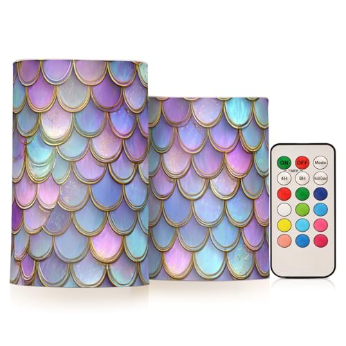 Image of Vdsrup Flameless Candles Set of 2 Purple Teal LED Candles with Timer Battery Operated Mermaid Scale Candle Lights Flickering with Remote for Home Bedroom Decor