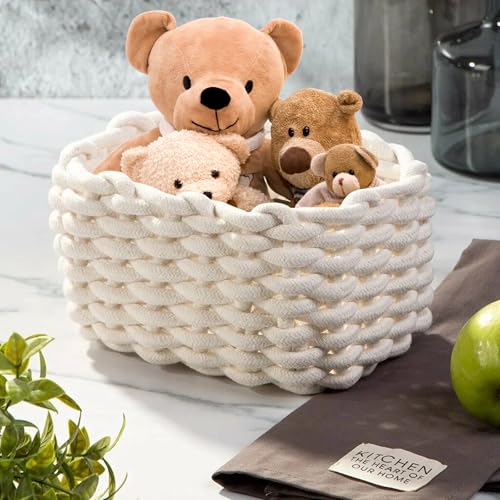 Aufbewahrungskorb Geflochten, 2 Stück Häkelkorb, 19 x 15 x 12 cm Aufbewahrungskorb Kinder, Waschbar und Faltbar Klein Organizer Korb, Weiß Körbe Geflochten für Babyzimmer Wohnzimmer Schlafzimmer