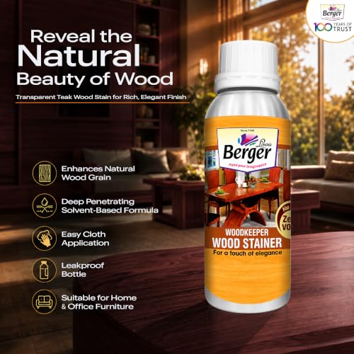 Image of Berger Wood Keeper Mahogany Wood Stain with Leakproof Bottle & Easy Cloth Application Transparent Solvent-Based Stainer for Home Office Furniture Surfaces Shine and Finish (Pack of 1, 500ml)