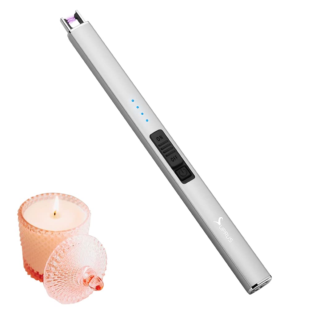 SUPRUS Electric Arc Windproof Flameless USB Rechargeable Lighter with Safety Lock for Candle BBQ Camping (Light Silver)