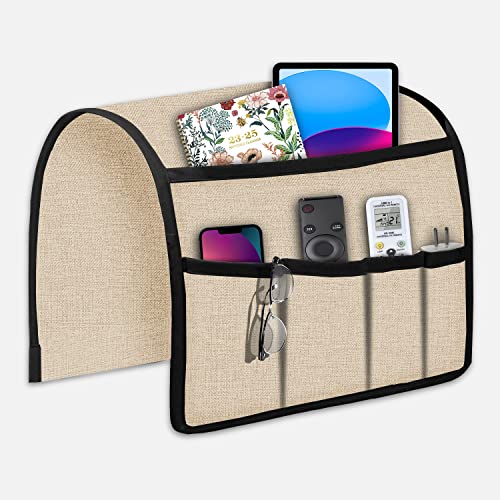 Image of Joywell Sofa Armrest Organizer, Remote Control Holder for Recliner Couch, Arm Chair Caddy with 5 Pockets for Magazine, Tablet, Phone, iPad, Champagne