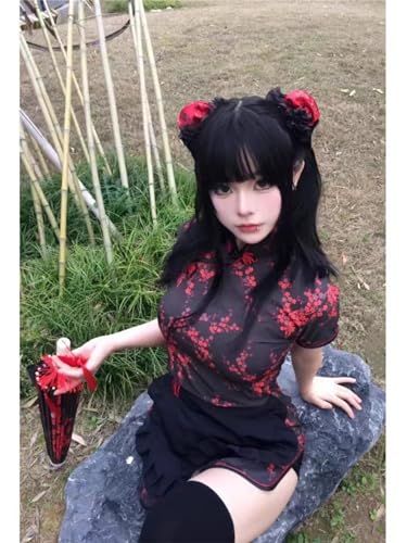 セクシー チャイナ チャイナドレス メイド ドレス チャイナ 服 コスプレ ゴスロリ 花柄 可愛い ロリータ ワンピース 萌え ボンデージ ボディコン ミニ コスチューム 中華風 チャイナ風 ランジェリー 衣装 仮装 ハロウィン レディース (レッド) - 画像6