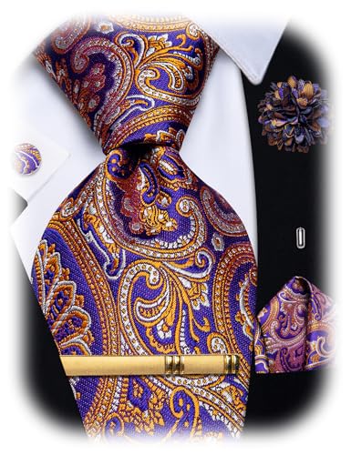 Image of YourTies Silk Paisley Floral Tie and Pocket Square Cufflinks with Lapel Pin Sets for Men 5PC Wedding Party