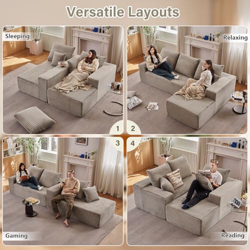 Image of 107 inch Cloud Sectional Couch with L-Shape Chaise, Modern Modular Comfy Sofa Chaise Longue, Upholstered Corduroy Couches Sleeper with Deep Seat for Living Room Bedroom, No Assembly Required, Camel