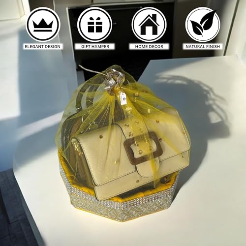Image of (Small, 8x8x2 inch, Hexagon, Stone Lace, Color-Yellow) MDF Base Designer Gift Hamper Packaging Baskets with Net Cover, Gift Hamper Organiser Perfect for Any Occasion