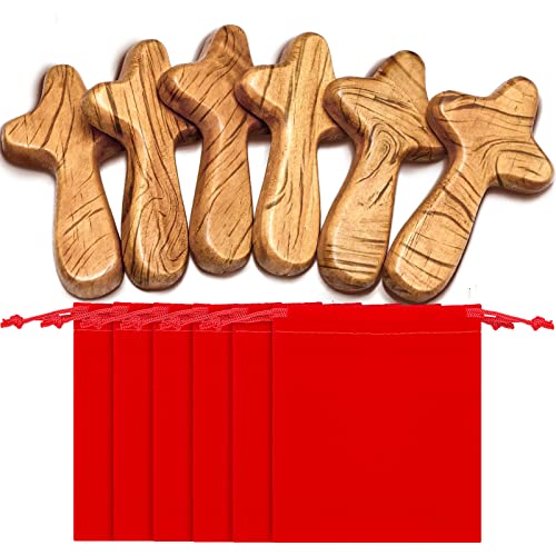 WILLBOND 6 Set Wooden Cross Small Hand Held Pine Prayer Pocket Cross 4.1 Inches with Velvet Bag Portable Holding Religious Jesus Gift for Christian Women Men Easter Prayer Church Communion Palm Size