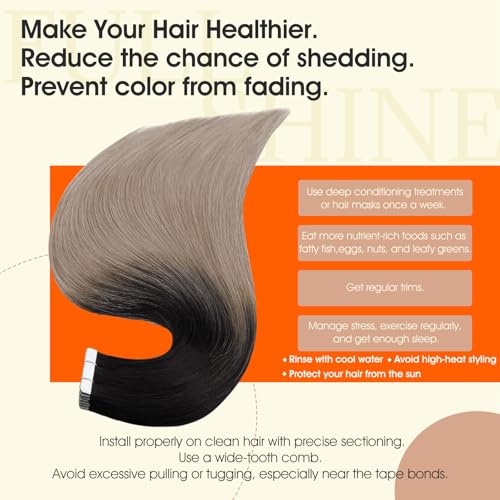 Image of Full Shine Tape ins Human Hair Extensions Color 1B Black Ombre 18 Ash Blonde Remy Hair Extensions Real Human Hair Tape in 22Inch 50Gram Straight Seamless Skin Weft 20Pcs Add Volume