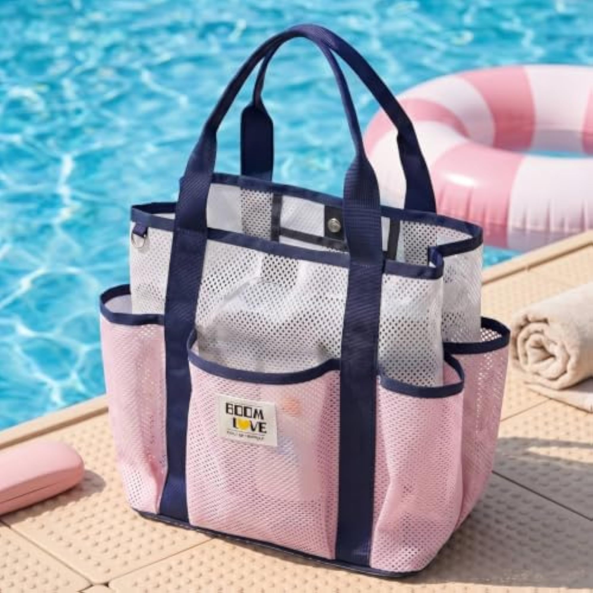 Multi-Pocket Mesh Beach Bag, Lightweight Quick-Drying Tote