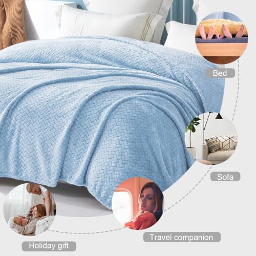 Image of Exclusivo Mezcla Light Blue Fleece King Size Blanket for Bed, 90x104 Inches Soft Cozy 3D Decorative Jacquard Flannel Blankets, Lightweight Fuzzy Plush Warm Blankets for All Seasons