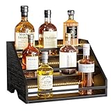 Nuovoware Scaffale Espositivo per Bottiglie Liquore Illuminato LED, Scaffale Legno 3 Gradini con Recinzioni Maniglie Portatili, 12 Bottiglie Whisky Espositore Vini Retrò Bar Domestico Feste, Nero