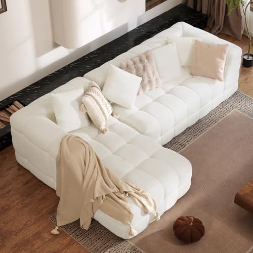 Daluvenix 107" Boneless Couch with L - Shaped Chaise, Modern Chenille Modular Sectional Sofa with Tufted Design, Comfy Upholstered Sofa, No - Assembly Sectional Couch, Cream White