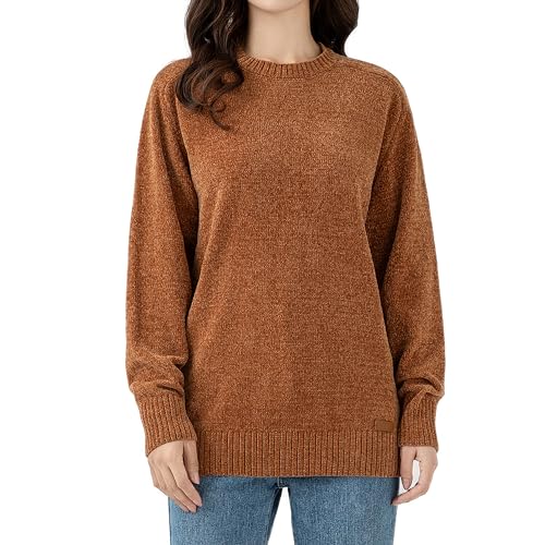 Image of Simple&Opulence Women's Chenille Sweater Crewneck Long Sleeve Pullover Ribbed Cuff Hem Round Neck Jumper Tops
