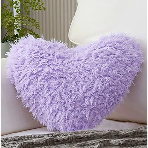 MooWoo Fluffy Heart Throw Pillow with Pillow Cover and Insert, Shaggy Faux Fur, Decorative Design for Indoor and Outdoor, (Purple, Heart Shape-15.7X15.7Inches) Cover