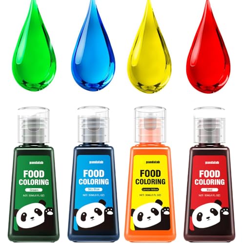 Pandalab Food Coloring – Liquid Vibrant Edible Food-Grade Dye for Slime, Baking, Drinks, Easter Eggs, Cakes, Cookies, Icing & Bath Bombs, 30ml Each Bottle (4...